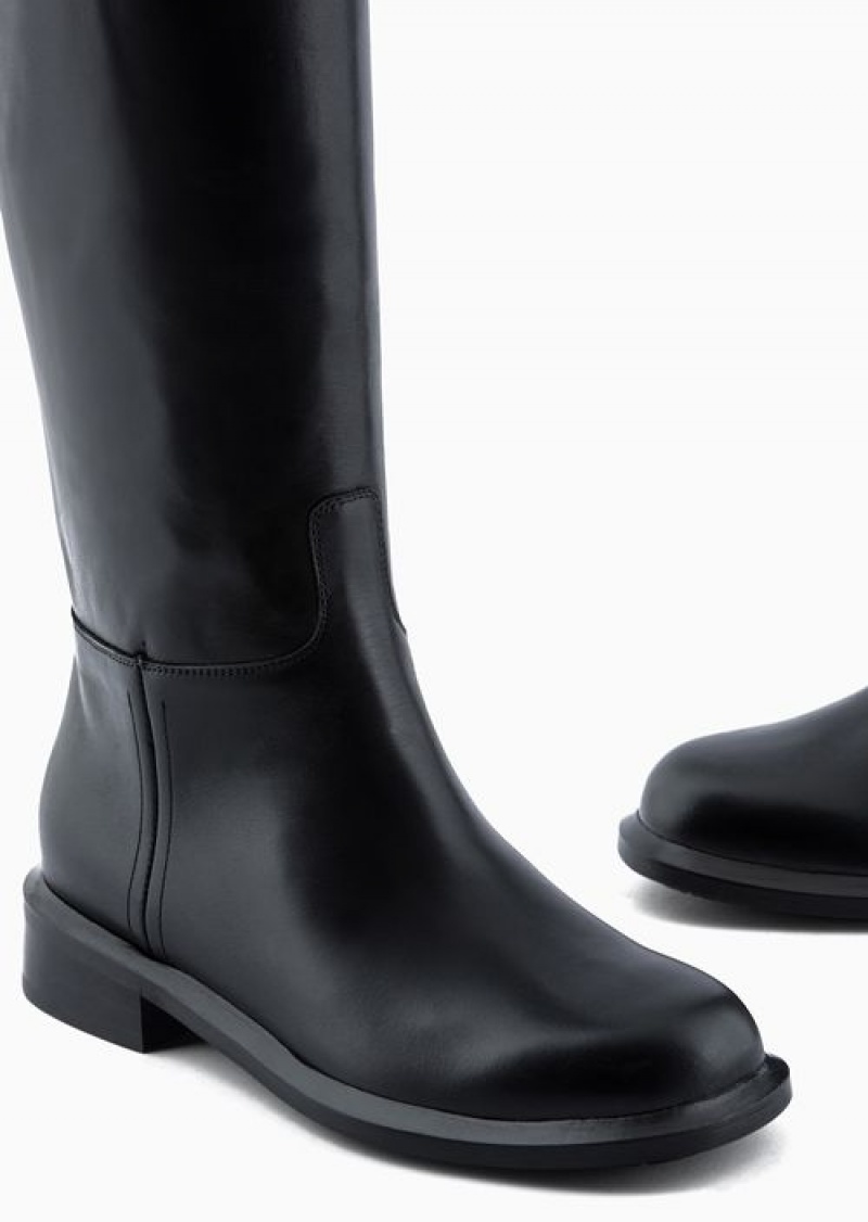 Black Emporio Armani Icon Glossy-leather Boots | EA-SN57108