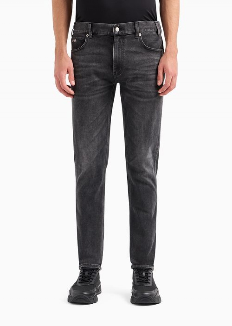 Black Emporio Armani J16 Slim-fit, Washed Denim Jeans | EA-SN57938