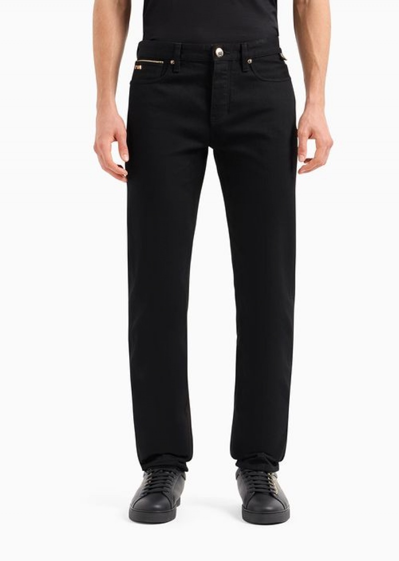 Black Emporio Armani J75 Slim-fit Lunar New Year Stretch Denim Jeans With Gold Details | EA-SN57987