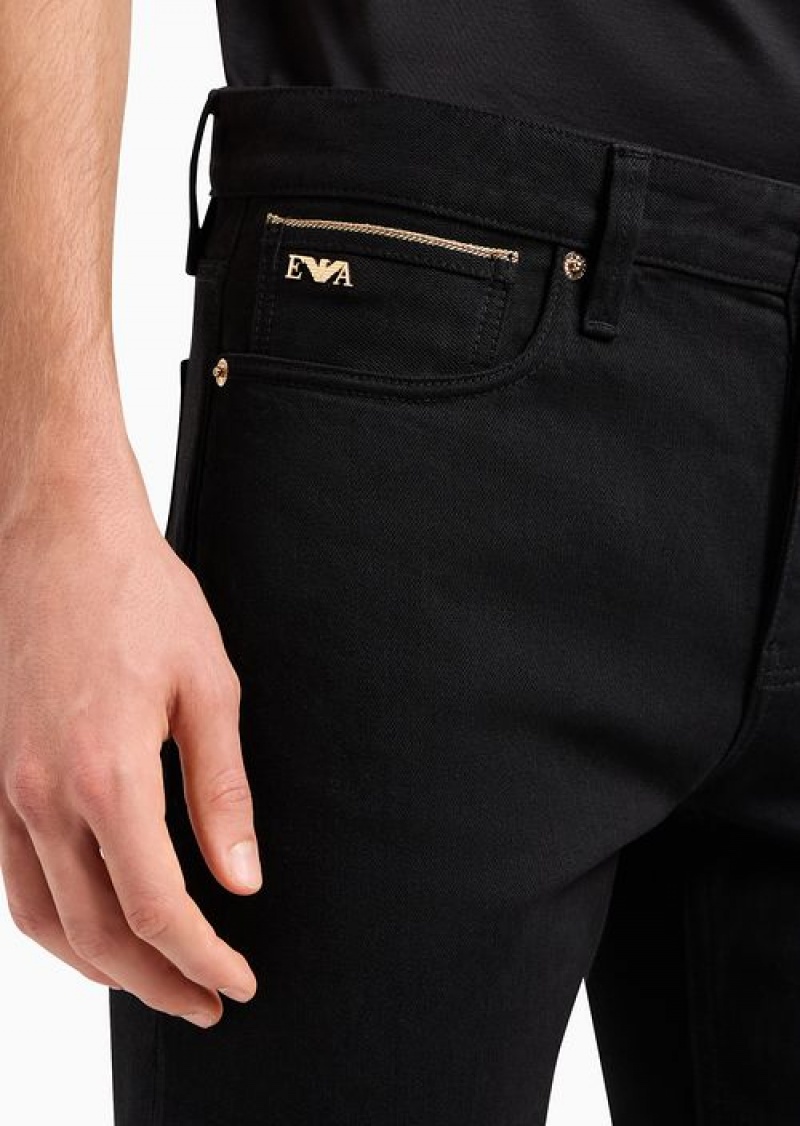 Black Emporio Armani J75 Slim-fit Lunar New Year Stretch Denim Jeans With Gold Details | EA-SN57987