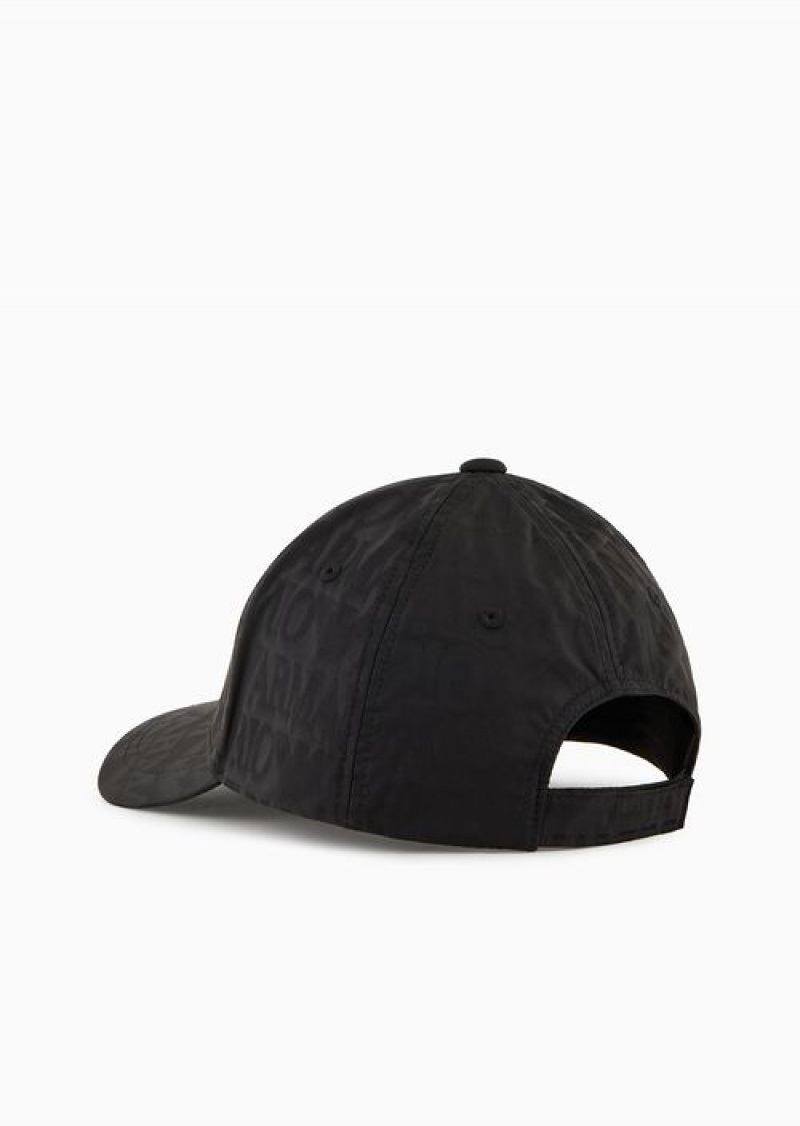 Black Emporio Armani Jacquard Nylon Baseball Cap With All-over Logo Lettering | EA-SN59168