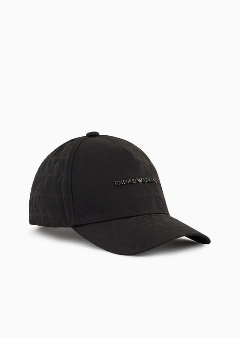 Black Emporio Armani Jacquard Nylon Baseball Cap With All-over Logo Lettering | EA-SN59168