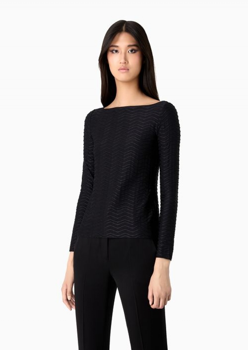 Black Emporio Armani Jersey Jumper With Embossed Waves Motif | EA-SN57013