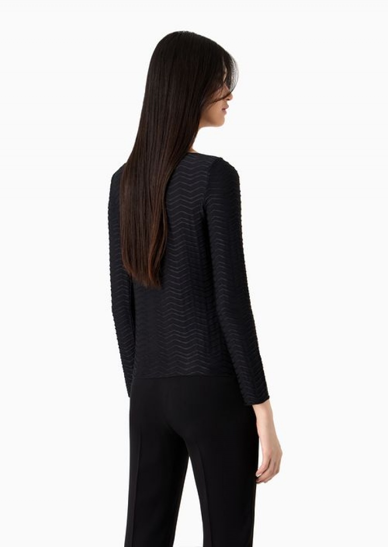 Black Emporio Armani Jersey Jumper With Embossed Waves Motif | EA-SN57013