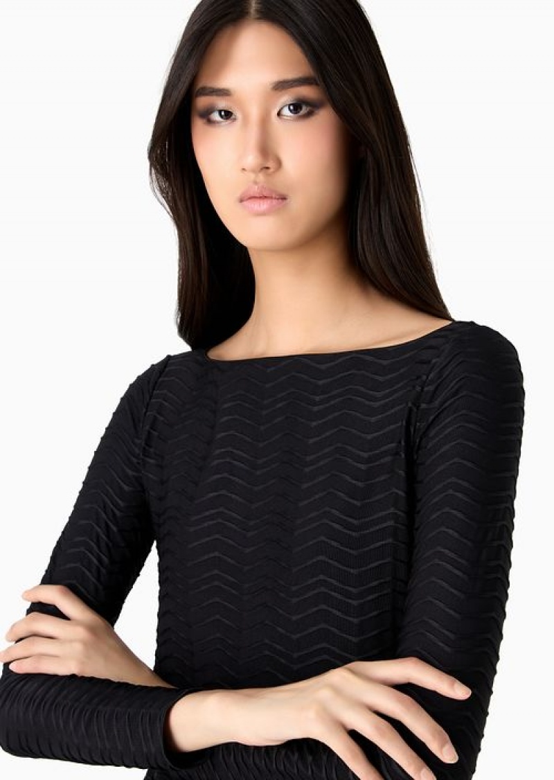 Black Emporio Armani Jersey Jumper With Embossed Waves Motif | EA-SN57013