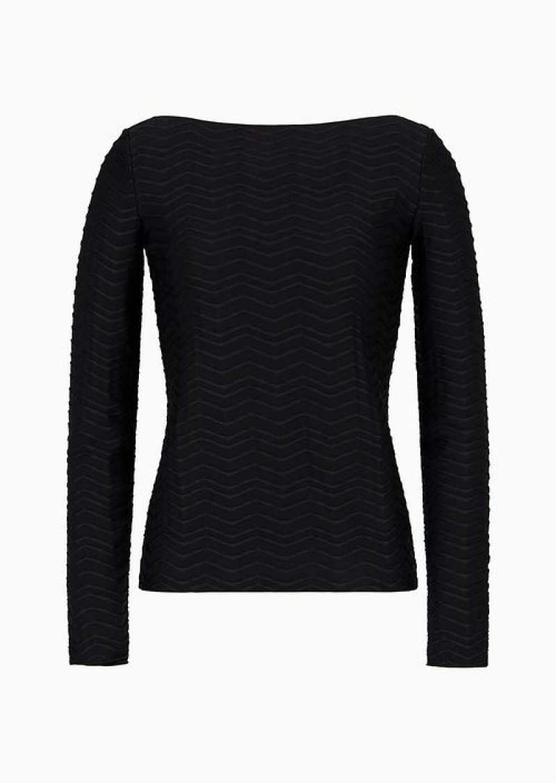 Black Emporio Armani Jersey Jumper With Embossed Waves Motif | EA-SN57013