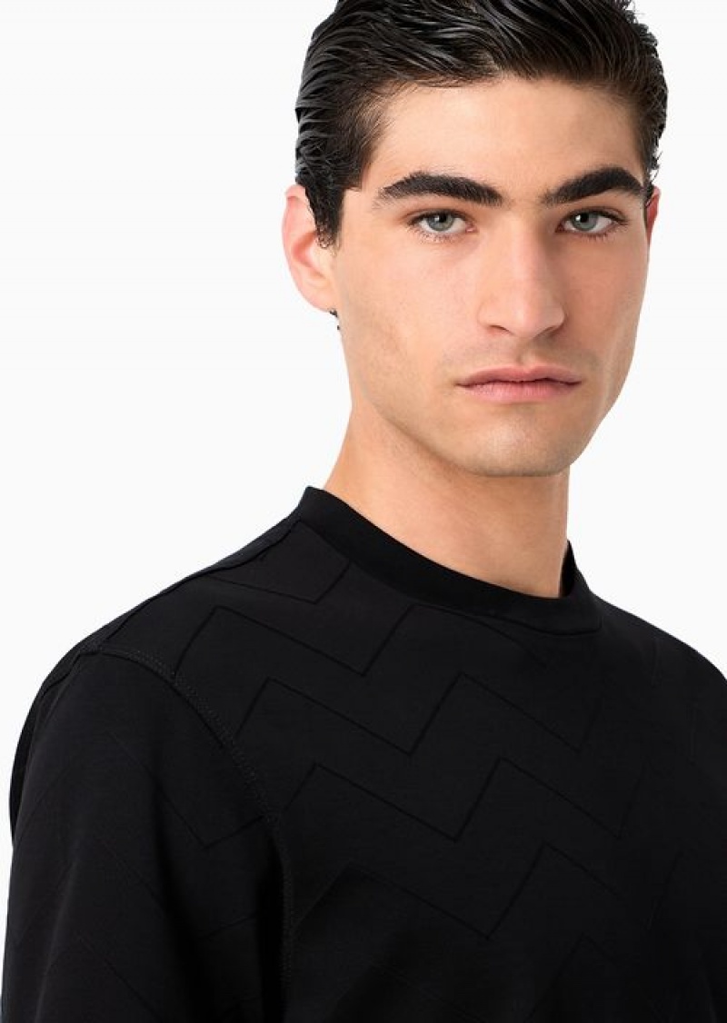 Black Emporio Armani Jersey T-shirt With All-over Jacquard Motif | EA-SN58728