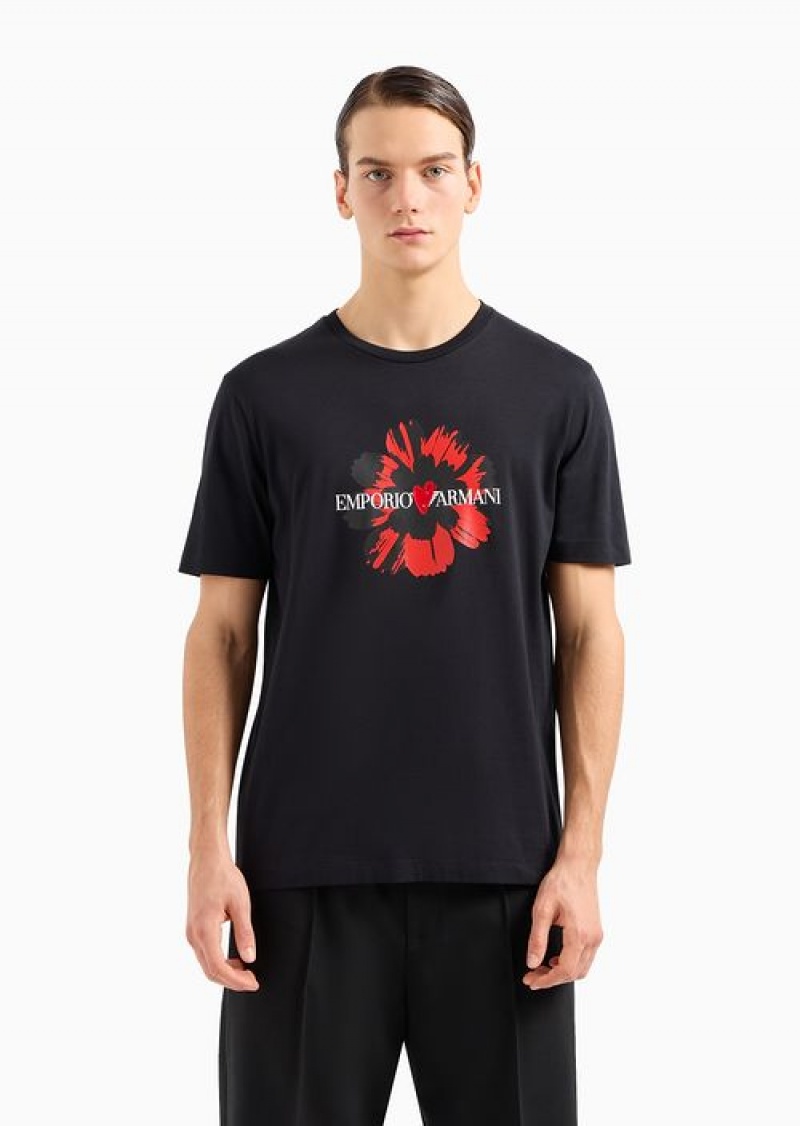 Black Emporio Armani Jersey T-shirt With Mon Amour Flocked Print | EA-SN58765