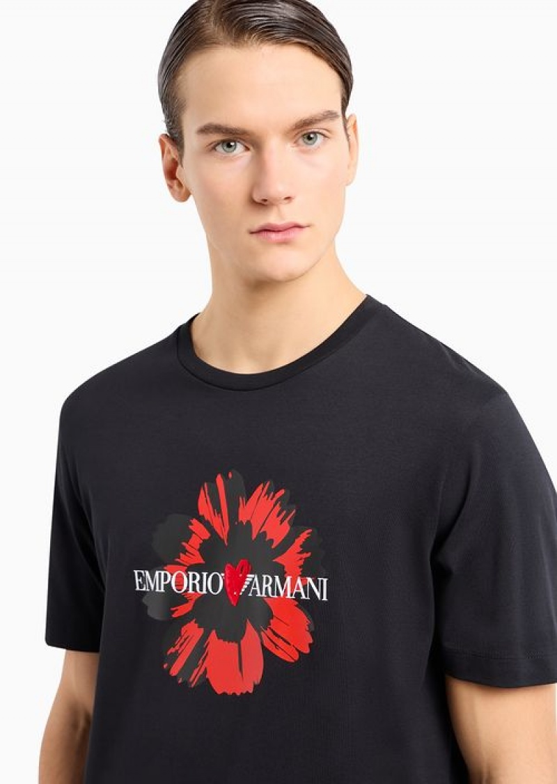 Black Emporio Armani Jersey T-shirt With Mon Amour Flocked Print | EA-SN58765