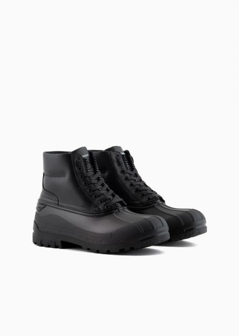 Black Emporio Armani Leather And Rubber Lace-up Ankle Boots | EA-SN58846