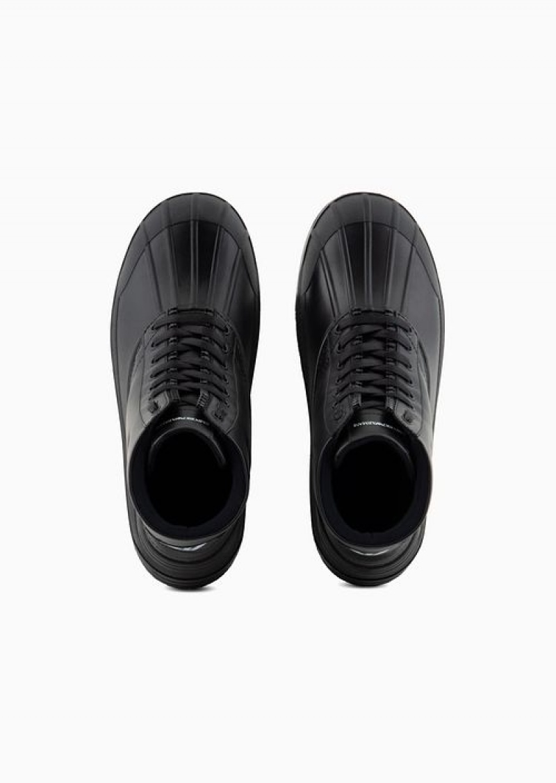 Black Emporio Armani Leather And Rubber Lace-up Ankle Boots | EA-SN58846