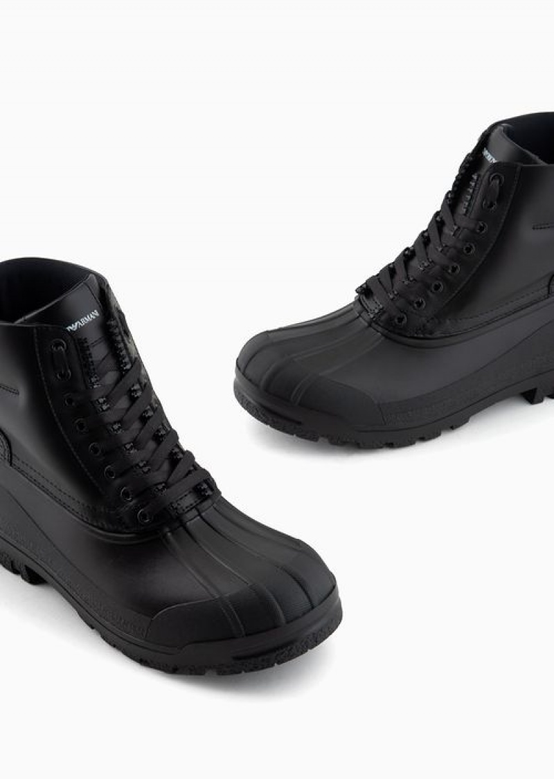 Black Emporio Armani Leather And Rubber Lace-up Ankle Boots | EA-SN58846