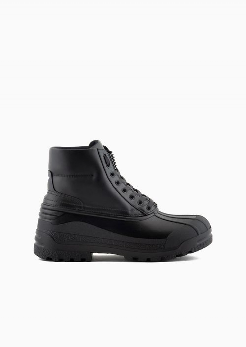 Black Emporio Armani Leather And Rubber Lace-up Ankle Boots | EA-SN58846