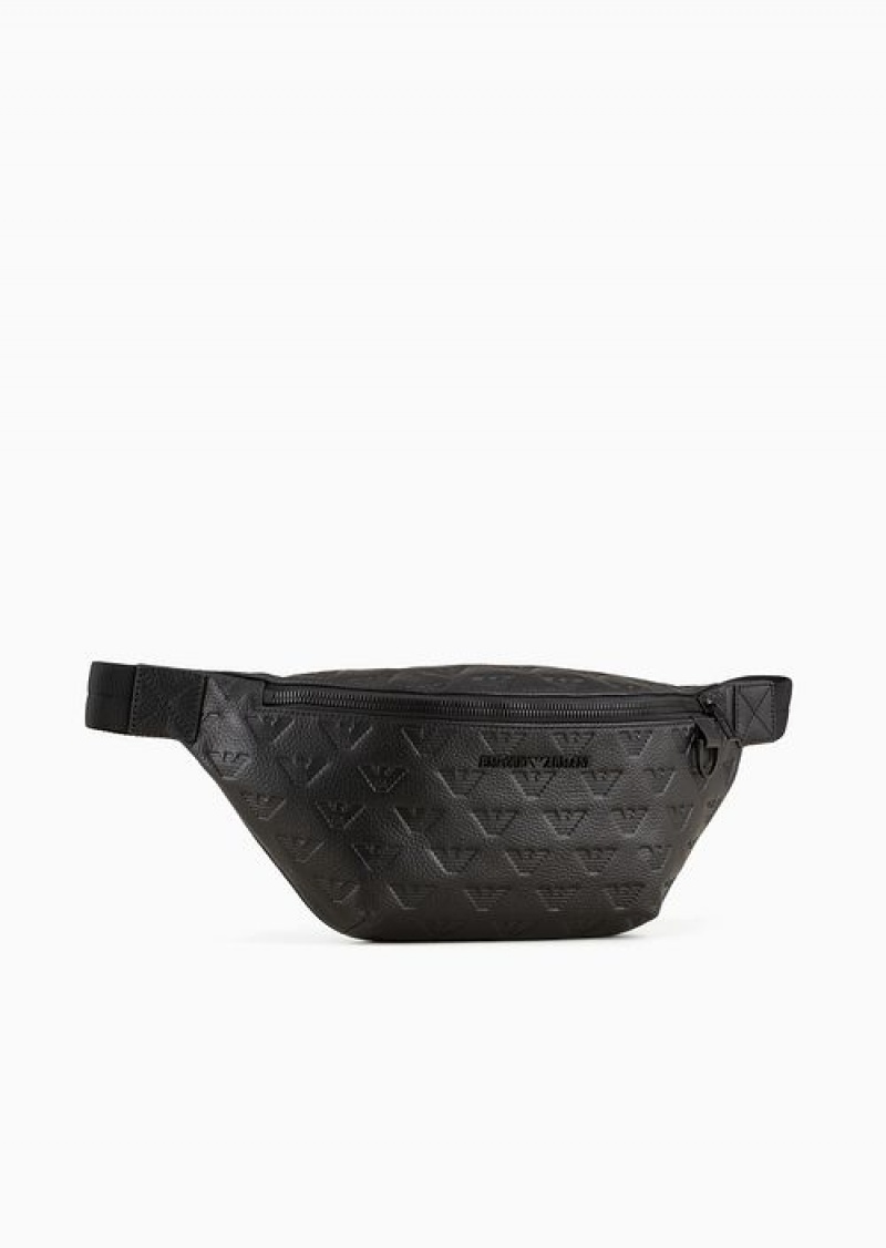 Black Emporio Armani Leather Belt Bag With All-over Embossed Eagle | EA-SN59043