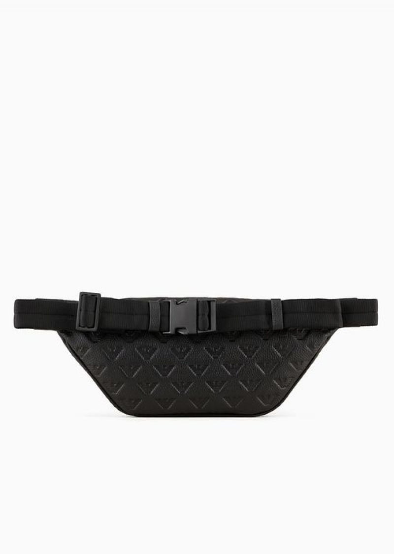 Black Emporio Armani Leather Belt Bag With All-over Embossed Eagle | EA-SN59043