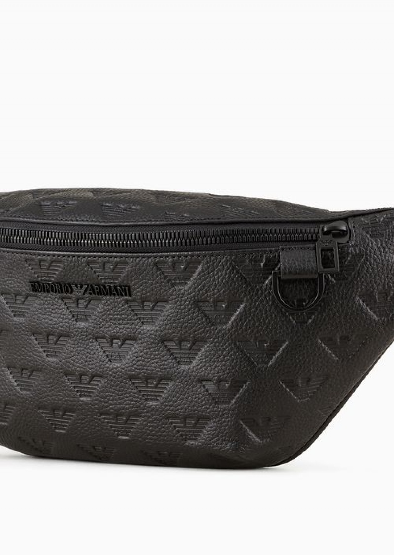 Black Emporio Armani Leather Belt Bag With All-over Embossed Eagle | EA-SN59043