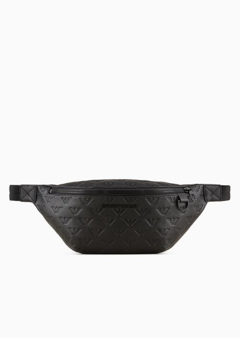 Black Emporio Armani Leather Belt Bag With All-over Embossed Eagle | EA-SN59043