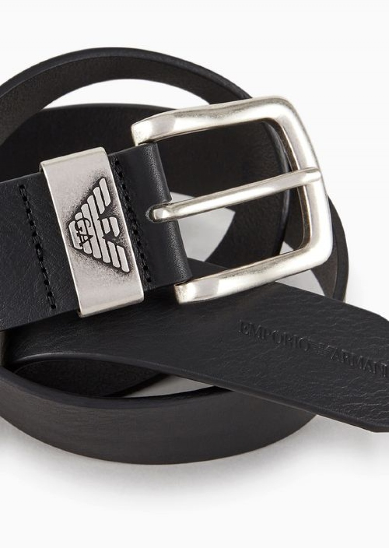 Black Emporio Armani Leather Belt With Logo Buckle | EA-SN59146