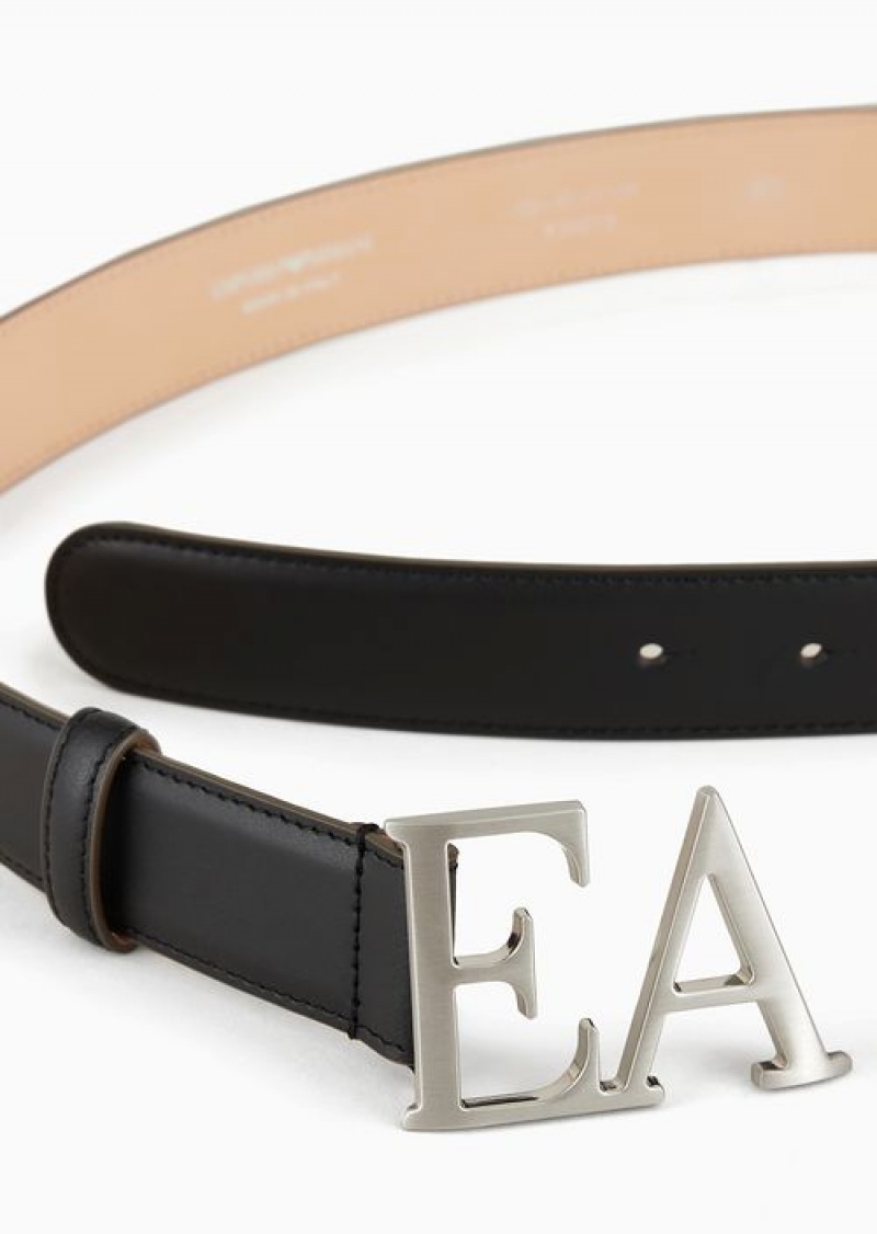 Black Emporio Armani Leather Belt With Moulded Ea Buckle | EA-SN57442