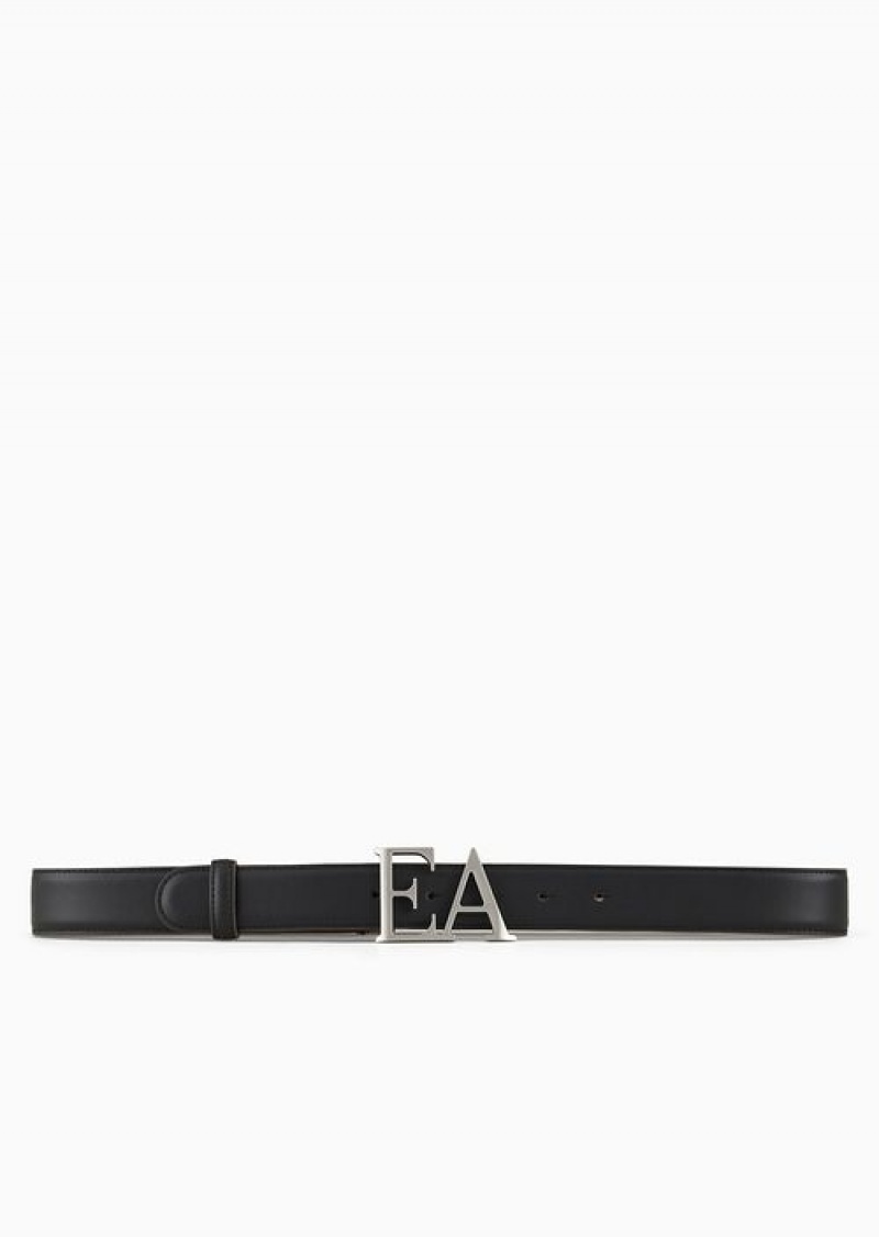 Black Emporio Armani Leather Belt With Moulded Ea Buckle | EA-SN57442