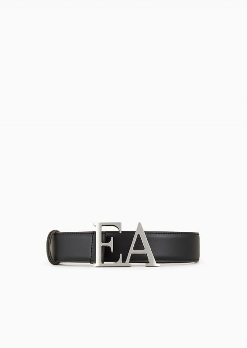 Black Emporio Armani Leather Belt With Moulded Ea Buckle | EA-SN57442