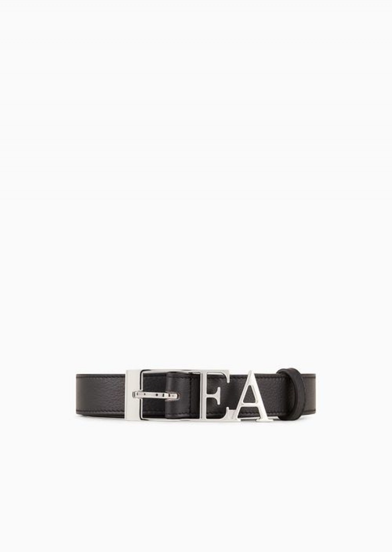 Black Emporio Armani Leather Belt With Moulded Ea Buckle | EA-SN57444