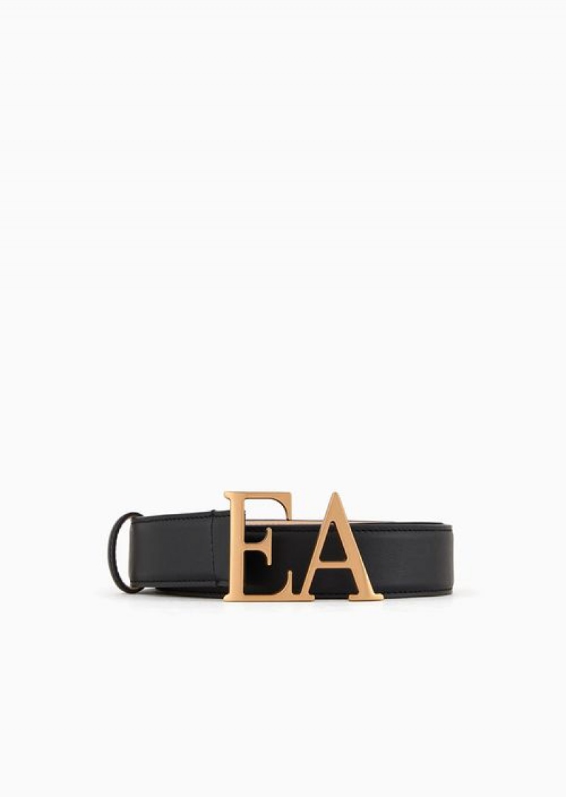 Black Emporio Armani Leather Belt With Moulded Ea Buckle | EA-SN57445