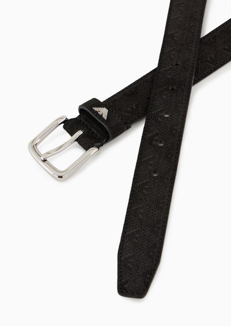 Black Emporio Armani Leather Belt With Micro-perforated Eagle Motif | EA-SN59141