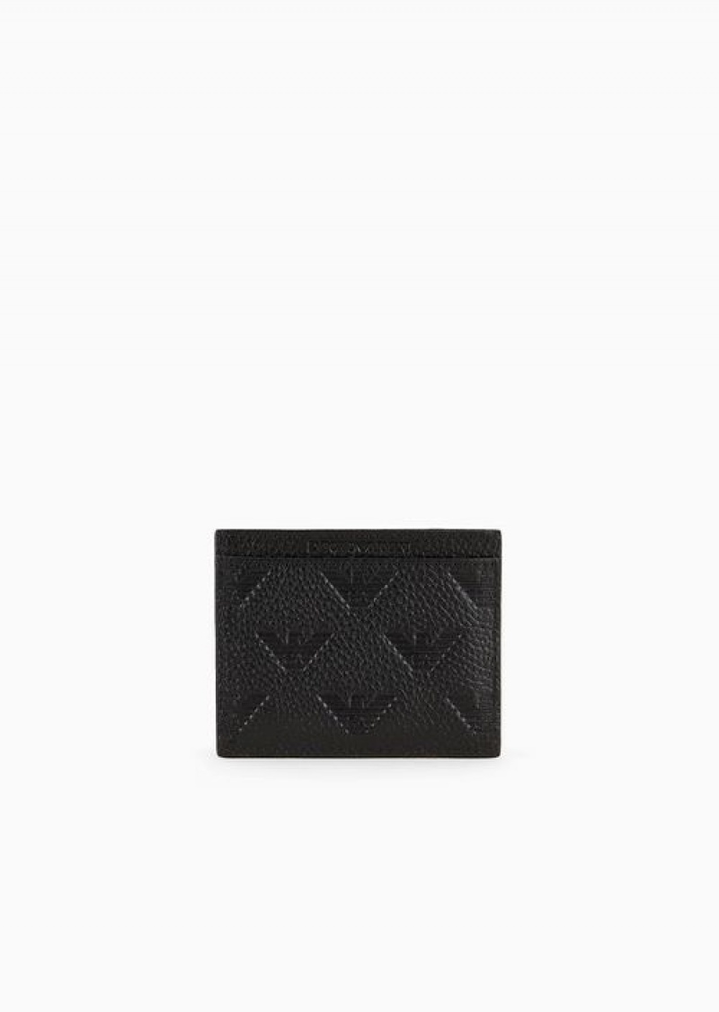 Black Emporio Armani Leather Card Holder With All-over Embossed Eagle | EA-SN59308