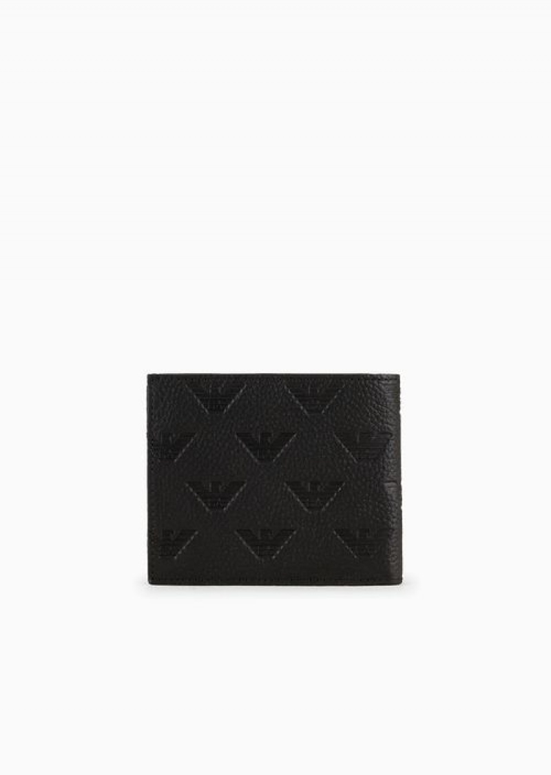 Black Emporio Armani Leather Coin-pocket Wallet With All-over Embossed Eagle | EA-SN59310