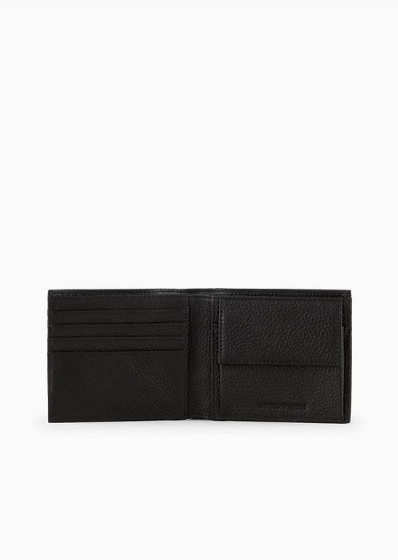 Black Emporio Armani Leather Coin-pocket Wallet With All-over Embossed Eagle | EA-SN59310