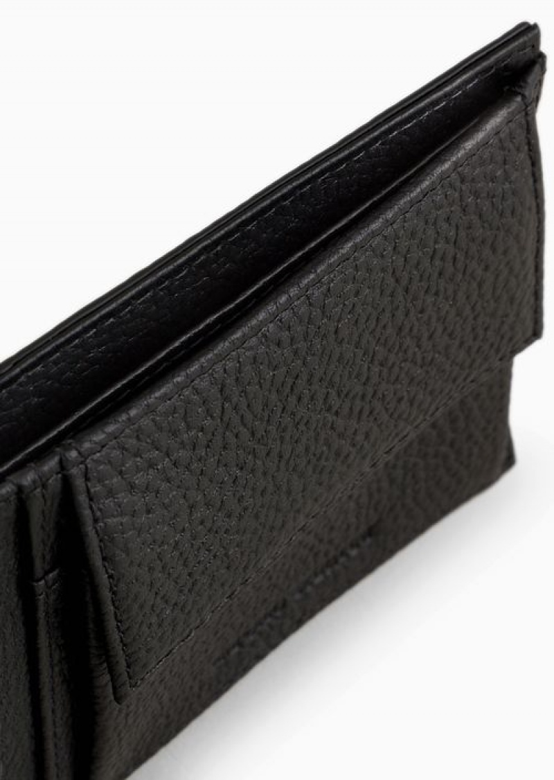 Black Emporio Armani Leather Coin-pocket Wallet With All-over Embossed Eagle | EA-SN59310