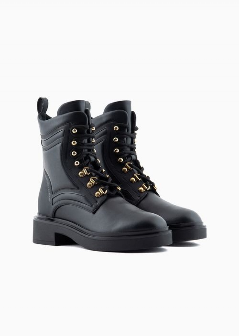 Black Emporio Armani Leather Hiking Boots With Rubber Details | EA-SN57103