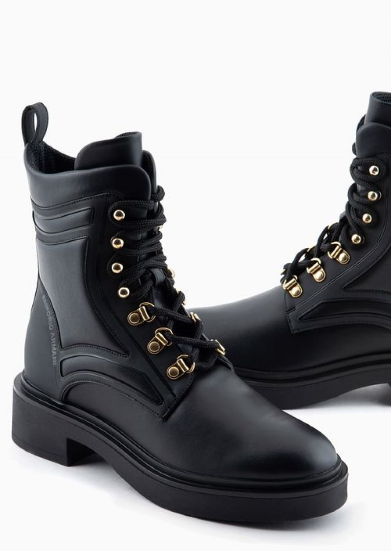 Black Emporio Armani Leather Hiking Boots With Rubber Details | EA-SN57103