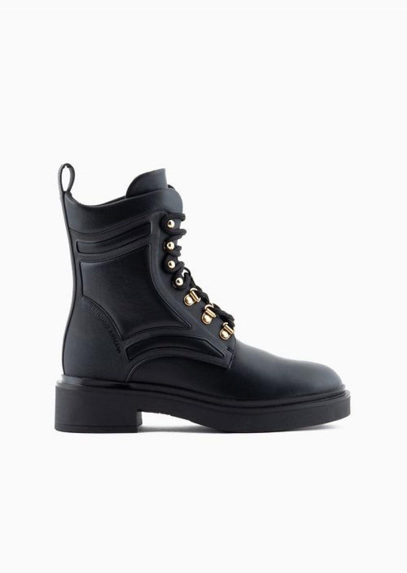 Black Emporio Armani Leather Hiking Boots With Rubber Details | EA-SN57103