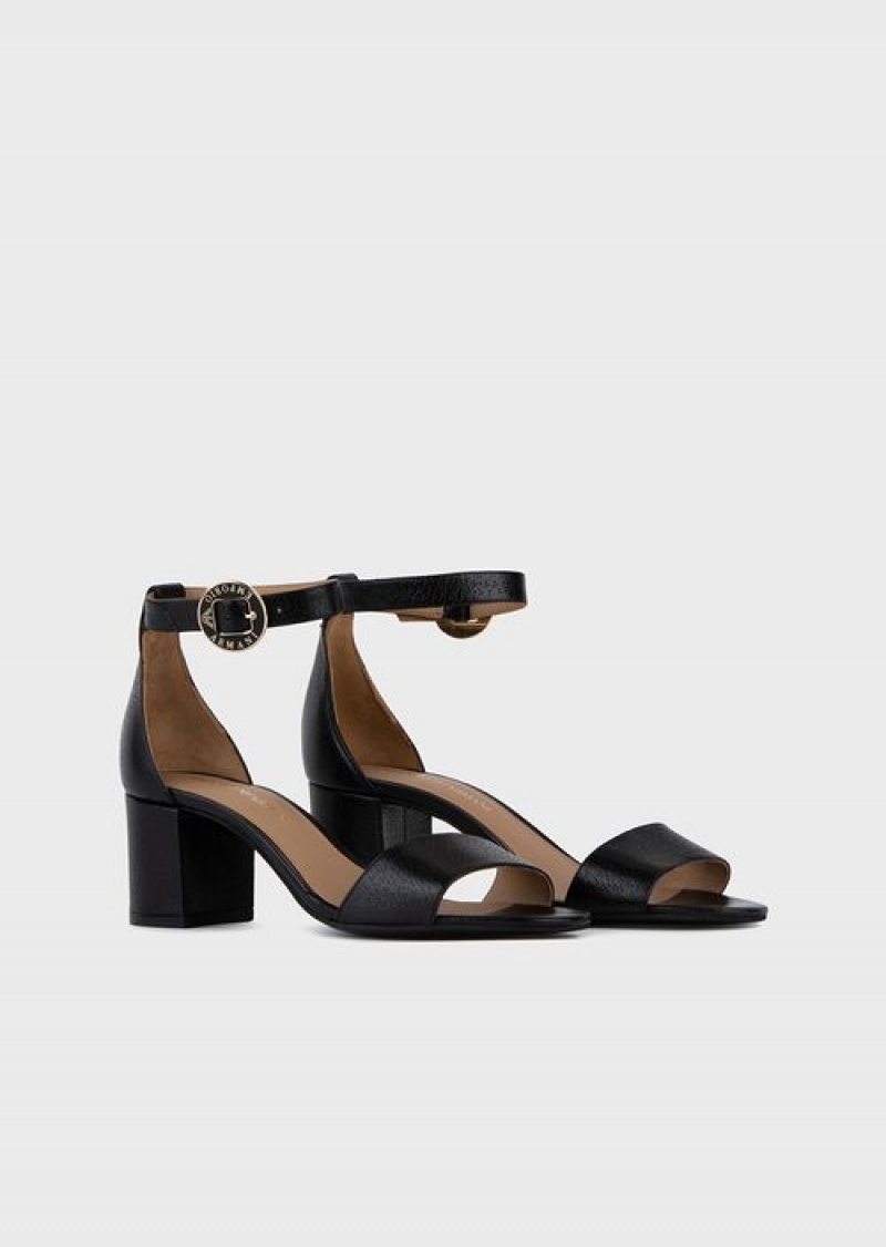 Black Emporio Armani Leather Sandals With Heel And Logo Medallion | EA-SN57144