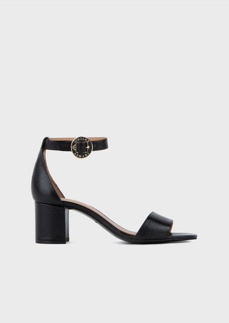 Black Emporio Armani Leather Sandals With Heel And Logo Medallion | EA-SN57144