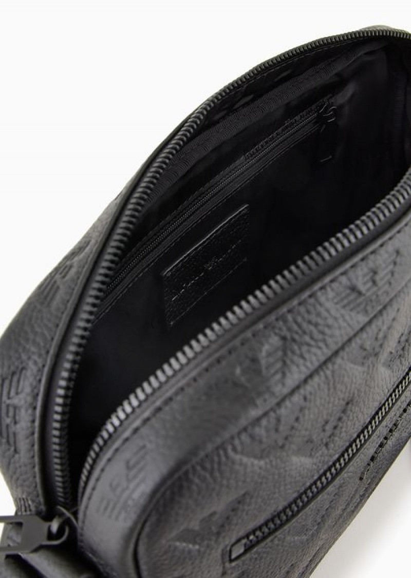 Black Emporio Armani Leather Shoulder Bag With All-over Embossed Eagle | EA-SN59057