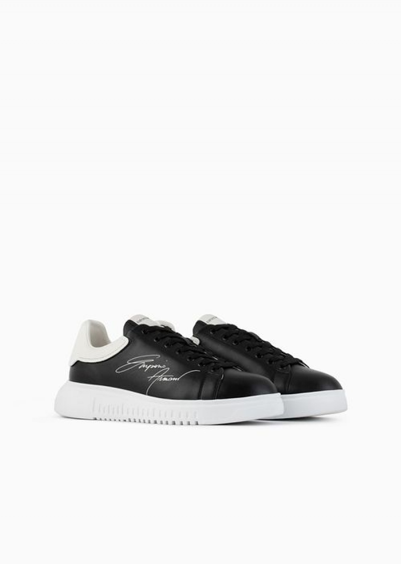 Black Emporio Armani Leather Sneakers With Signature Logo And Knurled Sole | EA-SN58966