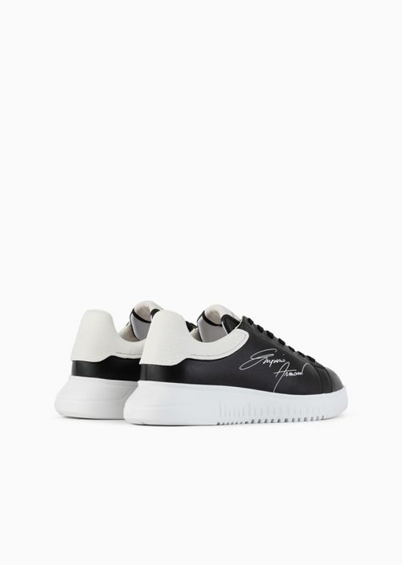 Black Emporio Armani Leather Sneakers With Signature Logo And Knurled Sole | EA-SN58966