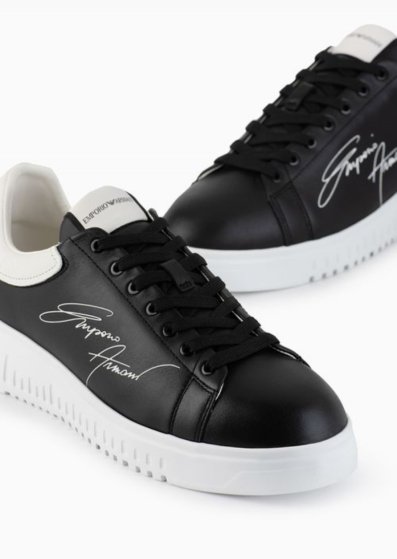 Black Emporio Armani Leather Sneakers With Signature Logo And Knurled Sole | EA-SN58966