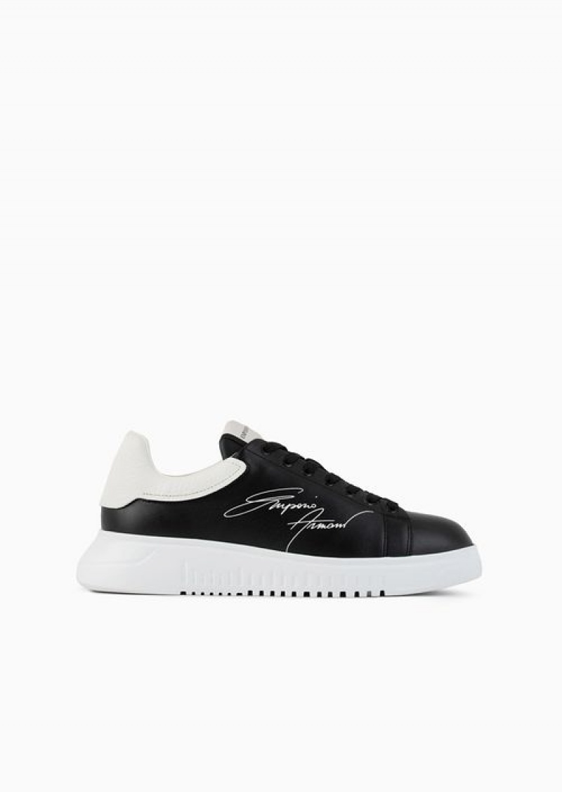 Black Emporio Armani Leather Sneakers With Signature Logo And Knurled Sole | EA-SN58966