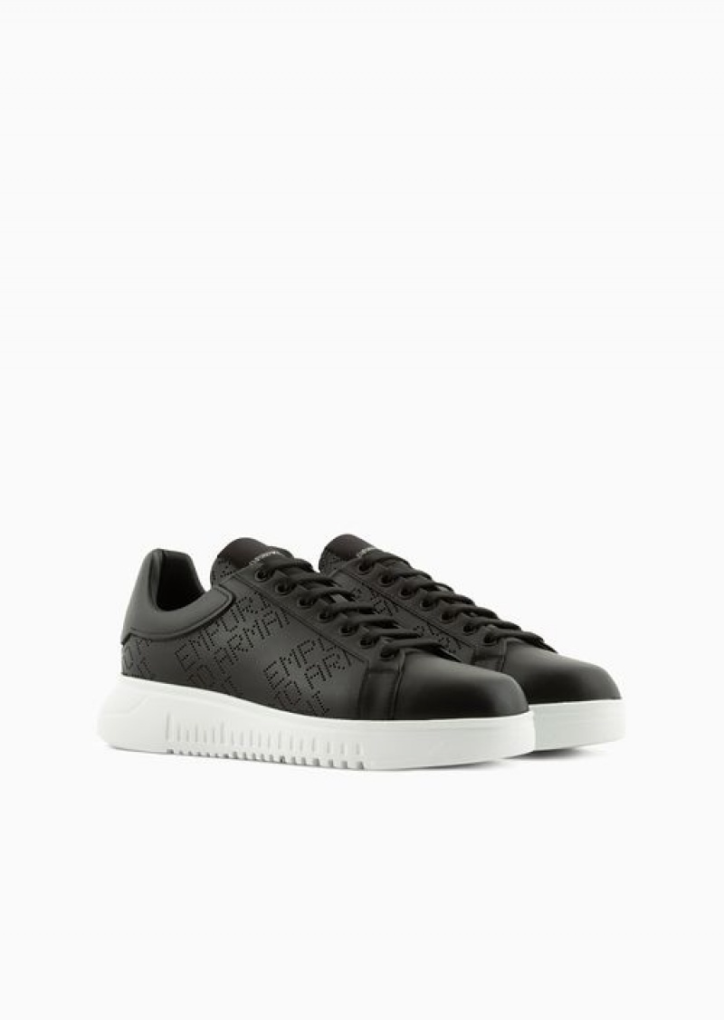 Black Emporio Armani Leather Sneakers With Micro-perforated Logo Lettering | EA-SN58978