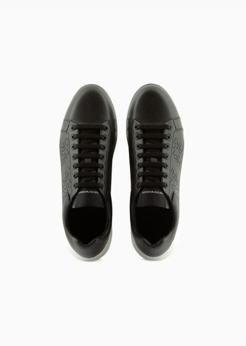 Black Emporio Armani Leather Sneakers With Micro-perforated Logo Lettering | EA-SN58978