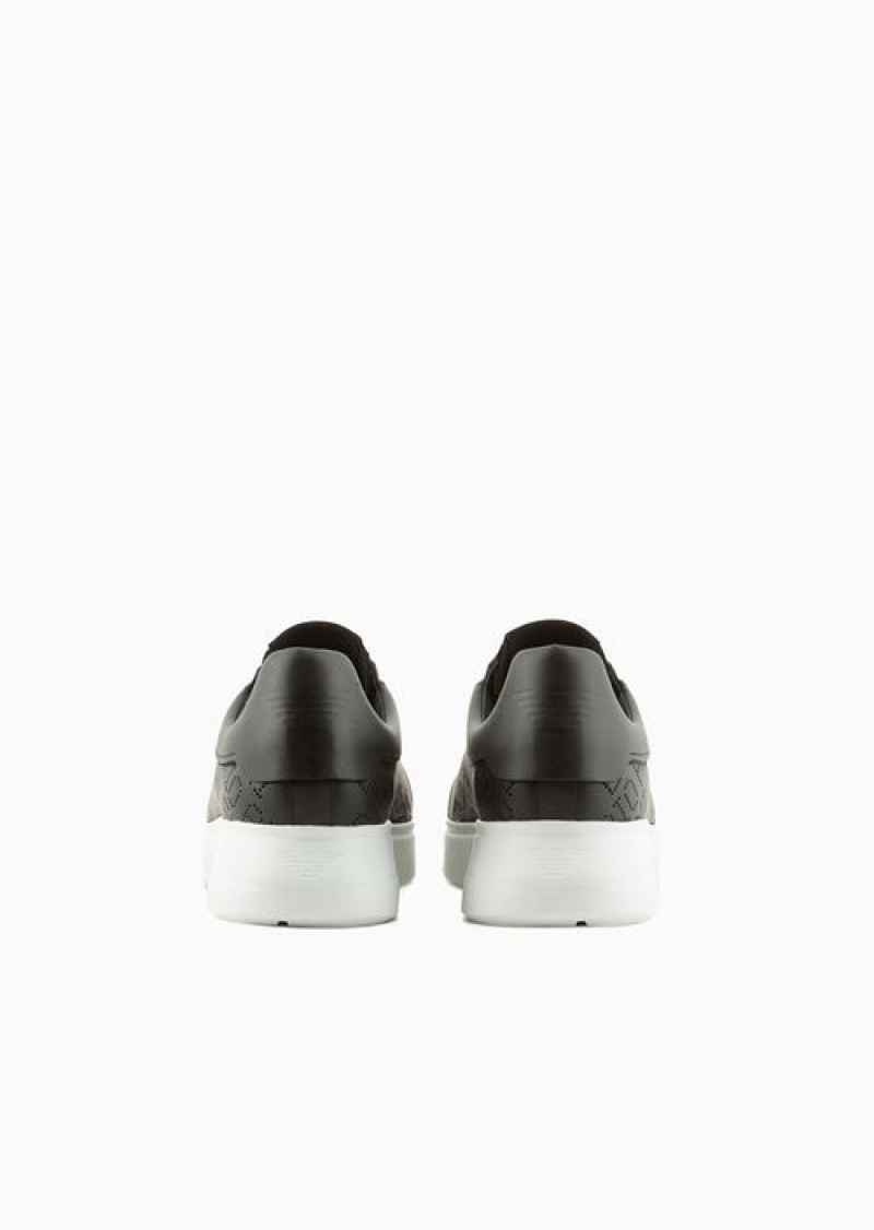 Black Emporio Armani Leather Sneakers With Micro-perforated Logo Lettering | EA-SN58978