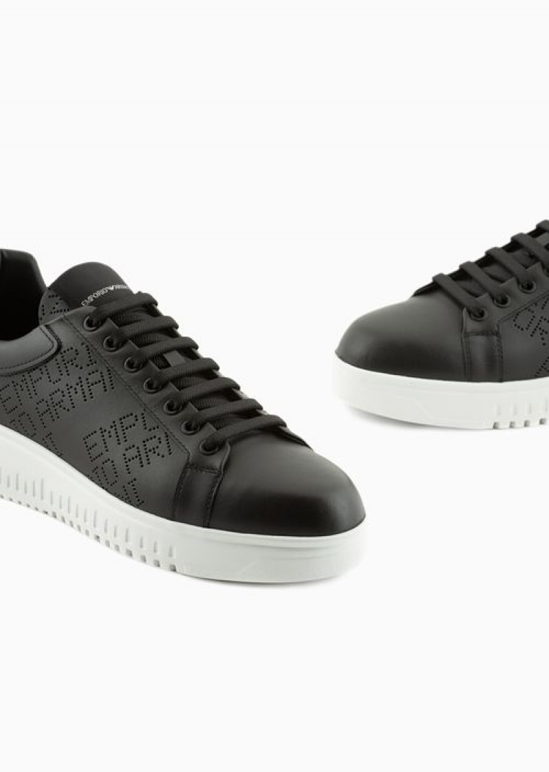 Black Emporio Armani Leather Sneakers With Micro-perforated Logo Lettering | EA-SN58978