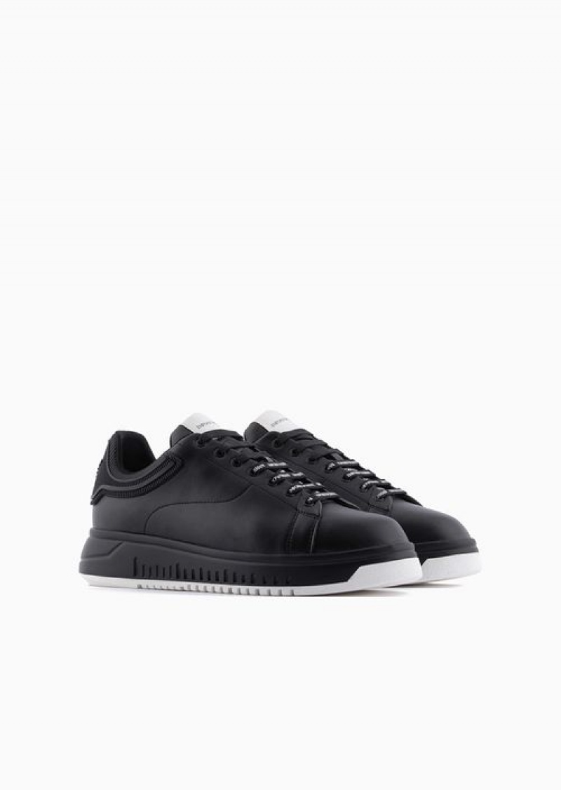 Black Emporio Armani Leather Sneakers With Rubber Back Knurled Sole | EA-SN58979