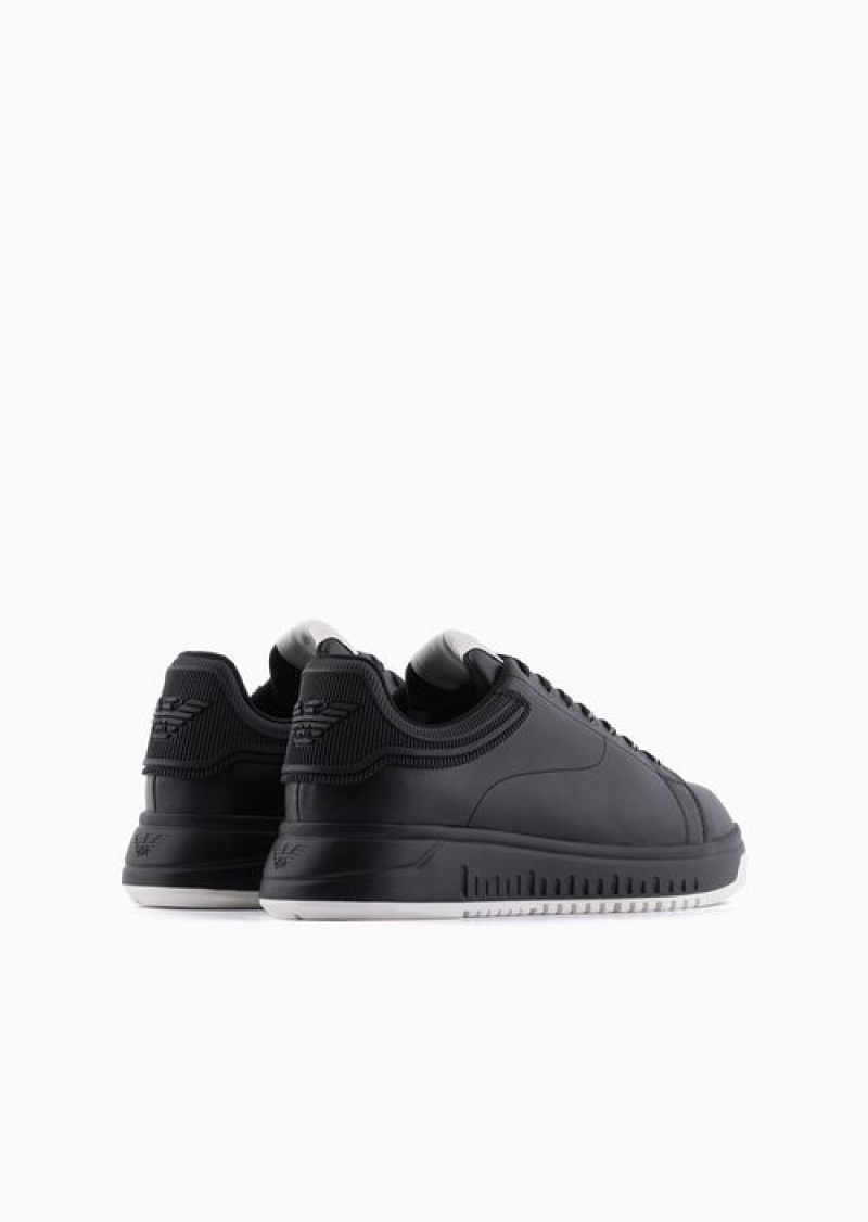 Black Emporio Armani Leather Sneakers With Rubber Back Knurled Sole | EA-SN58979