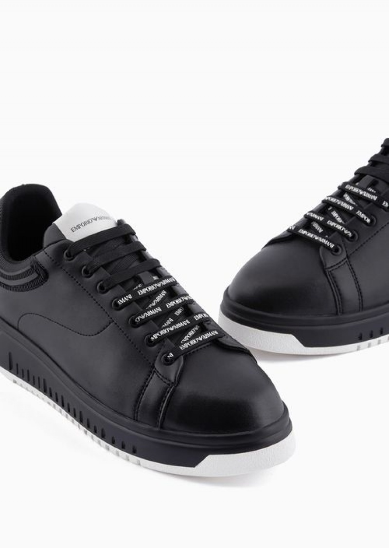 Black Emporio Armani Leather Sneakers With Rubber Back Knurled Sole | EA-SN58979