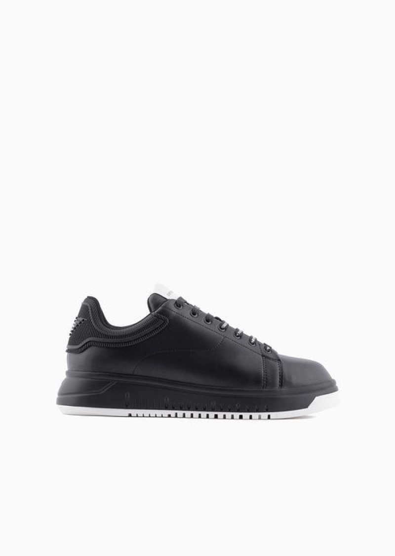 Black Emporio Armani Leather Sneakers With Rubber Back Knurled Sole | EA-SN58979